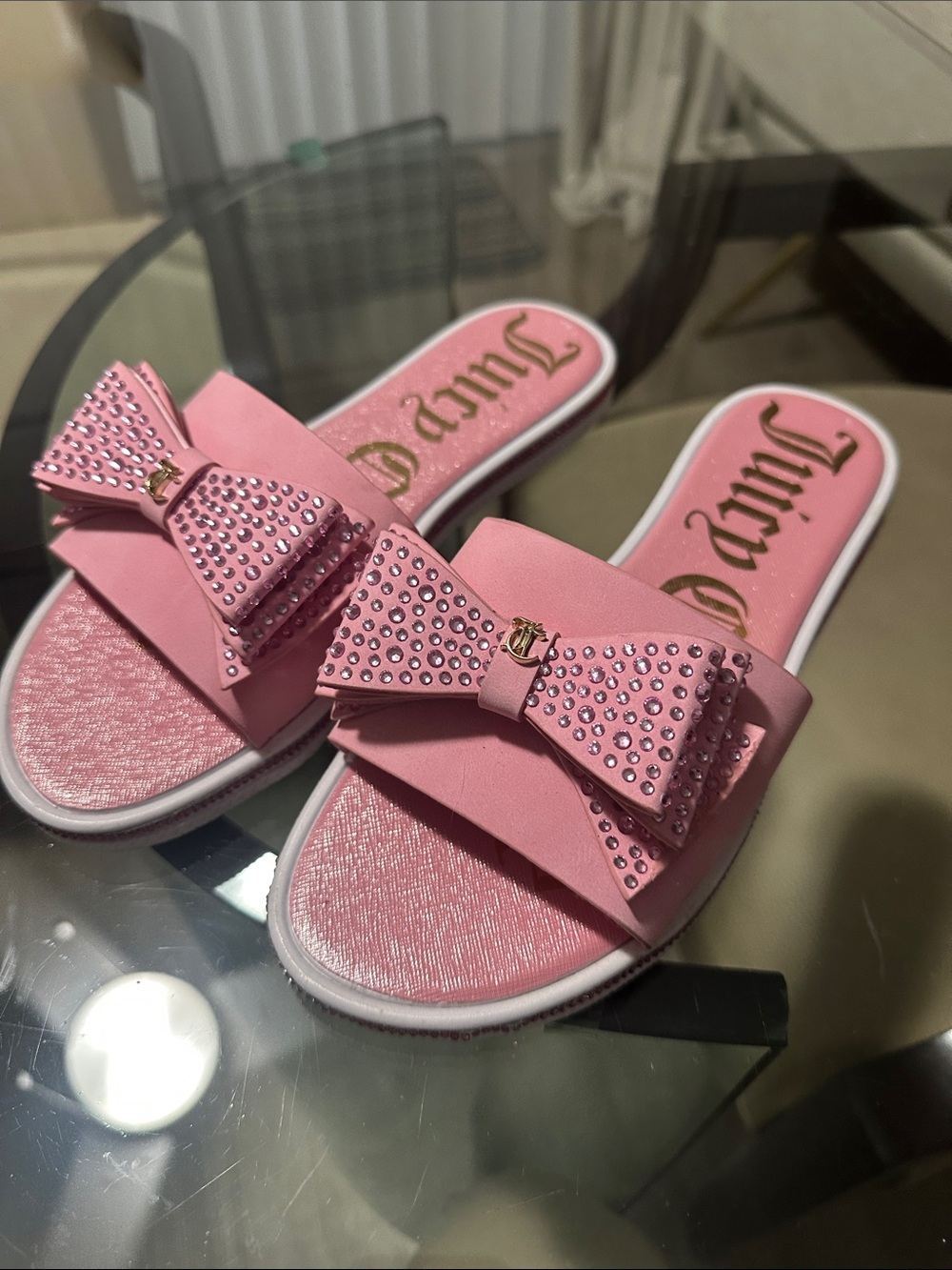 Juicy Couture Pink Bow Slide Sandals with Crystal Studs